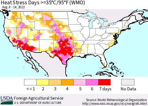 United States Heat Stress Days >=35°C/95°F (WMO) Thematic Map For 8/8/2022 - 8/14/2022