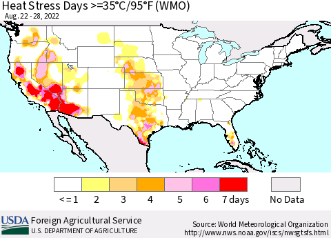 United States Heat Stress Days >=35°C/95°F (WMO) Thematic Map For 8/22/2022 - 8/28/2022