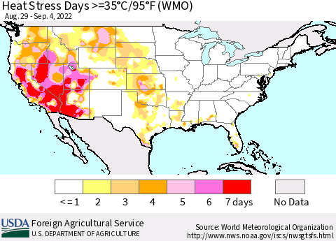 United States Heat Stress Days >=35°C/95°F (WMO) Thematic Map For 8/29/2022 - 9/4/2022