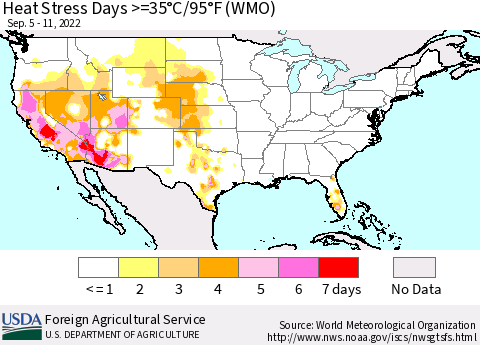 United States Heat Stress Days >=35°C/95°F (WMO) Thematic Map For 9/5/2022 - 9/11/2022