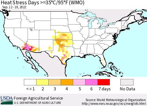 United States Heat Stress Days >=35°C/95°F (WMO) Thematic Map For 9/12/2022 - 9/18/2022