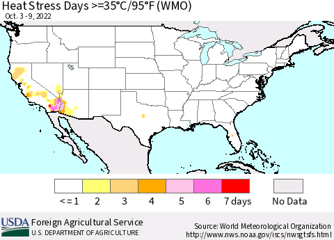 United States Heat Stress Days >=35°C/95°F (WMO) Thematic Map For 10/3/2022 - 10/9/2022