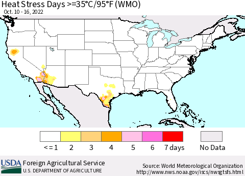 United States Heat Stress Days >=35°C/95°F (WMO) Thematic Map For 10/10/2022 - 10/16/2022