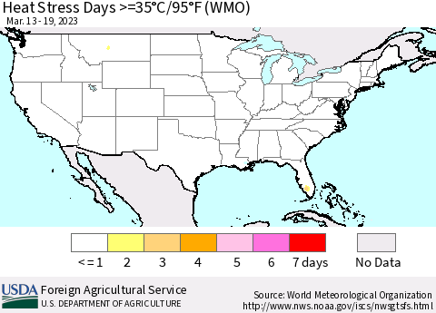 United States Heat Stress Days >=35°C/95°F (WMO) Thematic Map For 3/13/2023 - 3/19/2023