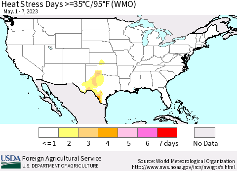 United States Heat Stress Days >=35°C/95°F (WMO) Thematic Map For 5/1/2023 - 5/7/2023