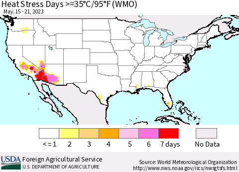 United States Heat Stress Days >=35°C/95°F (WMO) Thematic Map For 5/15/2023 - 5/21/2023