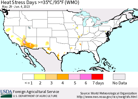 United States Heat Stress Days >=35°C/95°F (WMO) Thematic Map For 5/29/2023 - 6/4/2023