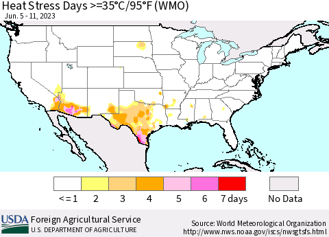 United States Heat Stress Days >=35°C/95°F (WMO) Thematic Map For 6/5/2023 - 6/11/2023
