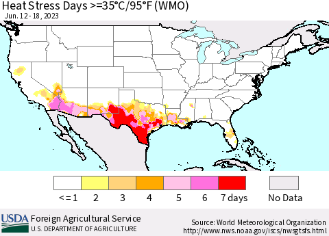 United States Heat Stress Days >=35°C/95°F (WMO) Thematic Map For 6/12/2023 - 6/18/2023