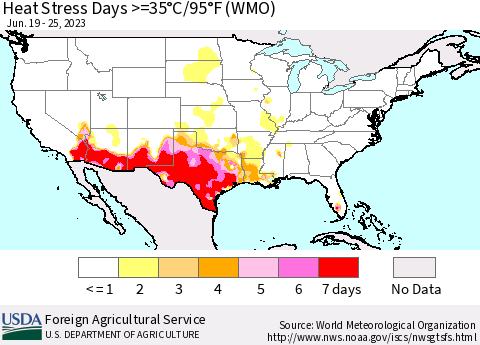 United States Heat Stress Days >=35°C/95°F (WMO) Thematic Map For 6/19/2023 - 6/25/2023