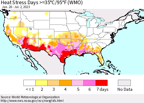 United States Heat Stress Days >=35°C/95°F (WMO) Thematic Map For 6/26/2023 - 7/2/2023