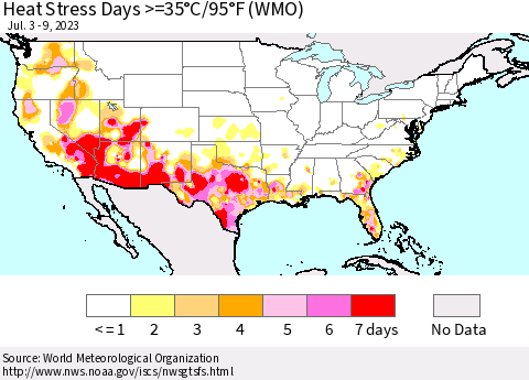 United States Heat Stress Days >=35°C/95°F (WMO) Thematic Map For 7/3/2023 - 7/9/2023