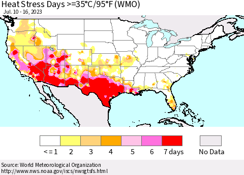 United States Heat Stress Days >=35°C/95°F (WMO) Thematic Map For 7/10/2023 - 7/16/2023
