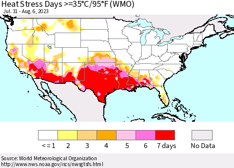United States Heat Stress Days >=35°C/95°F (WMO) Thematic Map For 7/31/2023 - 8/6/2023