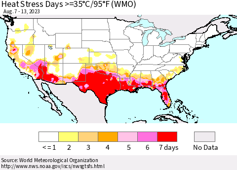 United States Heat Stress Days >=35°C/95°F (WMO) Thematic Map For 8/7/2023 - 8/13/2023