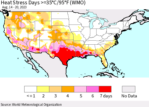 United States Heat Stress Days >=35°C/95°F (WMO) Thematic Map For 8/14/2023 - 8/20/2023