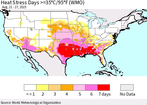 United States Heat Stress Days >=35°C/95°F (WMO) Thematic Map For 8/21/2023 - 8/27/2023