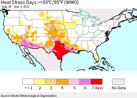 United States Heat Stress Days >=35°C/95°F (WMO) Thematic Map For 8/28/2023 - 9/3/2023