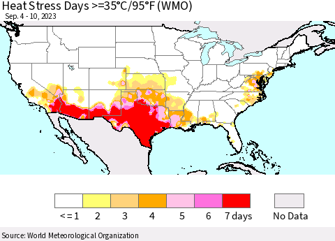 United States Heat Stress Days >=35°C/95°F (WMO) Thematic Map For 9/4/2023 - 9/10/2023