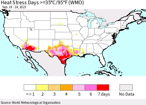 United States Heat Stress Days >=35°C/95°F (WMO) Thematic Map For 9/18/2023 - 9/24/2023