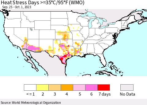 United States Heat Stress Days >=35°C/95°F (WMO) Thematic Map For 9/25/2023 - 10/1/2023