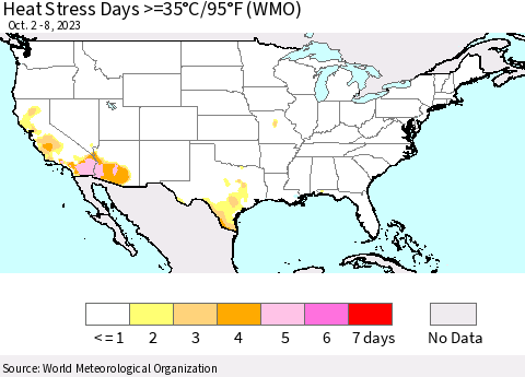 United States Heat Stress Days >=35°C/95°F (WMO) Thematic Map For 10/2/2023 - 10/8/2023
