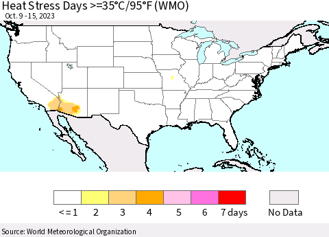 United States Heat Stress Days >=35°C/95°F (WMO) Thematic Map For 10/9/2023 - 10/15/2023