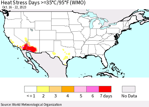 United States Heat Stress Days >=35°C/95°F (WMO) Thematic Map For 10/16/2023 - 10/22/2023