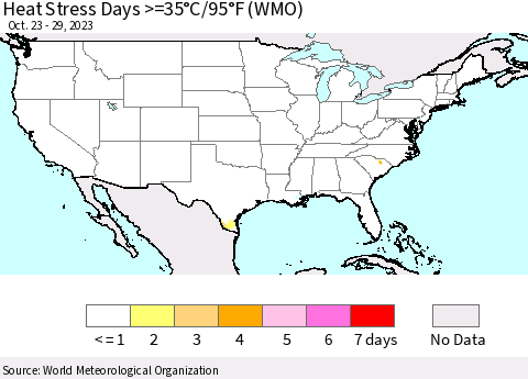 United States Heat Stress Days >=35°C/95°F (WMO) Thematic Map For 10/23/2023 - 10/29/2023