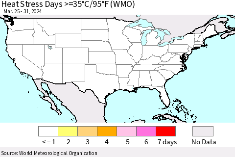 United States Heat Stress Days >=35°C/95°F (WMO) Thematic Map For 3/25/2024 - 3/31/2024