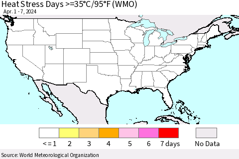 United States Heat Stress Days >=35°C/95°F (WMO) Thematic Map For 4/1/2024 - 4/7/2024