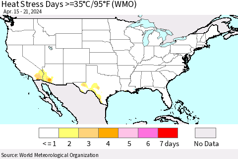 United States Heat Stress Days >=35°C/95°F (WMO) Thematic Map For 4/15/2024 - 4/21/2024