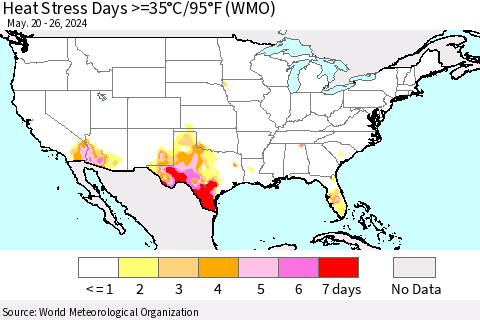 United States Heat Stress Days >=35°C/95°F (WMO) Thematic Map For 5/20/2024 - 5/26/2024