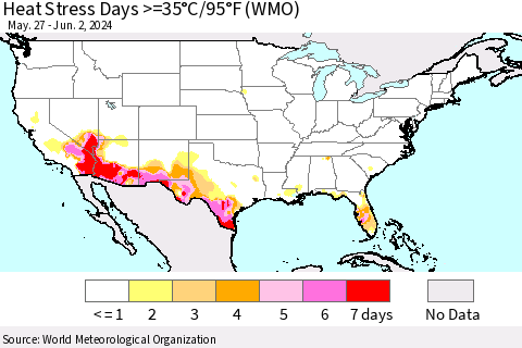 United States Heat Stress Days >=35°C/95°F (WMO) Thematic Map For 5/27/2024 - 6/2/2024