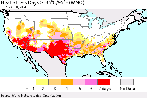 United States Heat Stress Days >=35°C/95°F (WMO) Thematic Map For 6/24/2024 - 6/30/2024