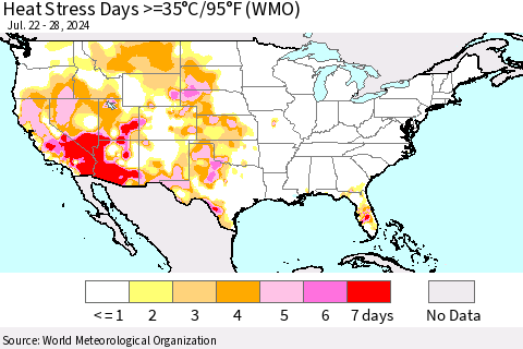 United States Heat Stress Days >=35°C/95°F (WMO) Thematic Map For 7/22/2024 - 7/28/2024