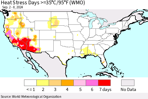 United States Heat Stress Days >=35°C/95°F (WMO) Thematic Map For 9/2/2024 - 9/8/2024