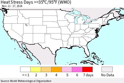 United States Heat Stress Days >=35°C/95°F (WMO) Thematic Map For 11/11/2024 - 11/17/2024