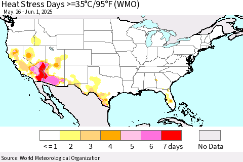 United States Heat Stress Days >=35°C/95°F (WMO) Thematic Map For 5/26/2025 - 6/1/2025