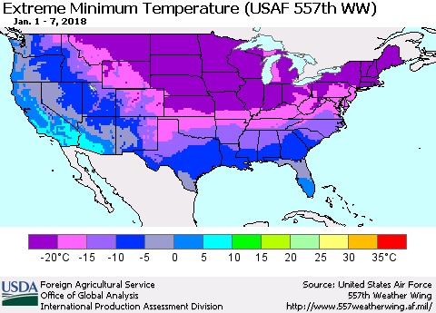 United States Minimum Daily Temperature (USAF 557th WW) Thematic Map For 1/1/2018 - 1/7/2018