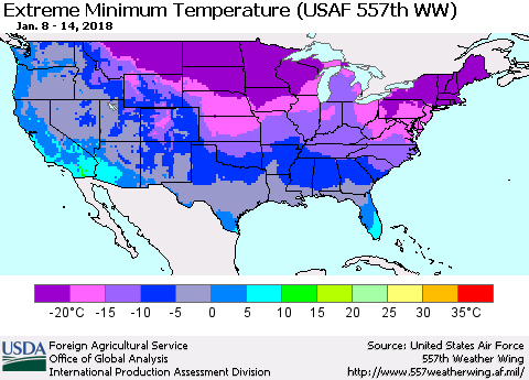 United States Minimum Daily Temperature (USAF 557th WW) Thematic Map For 1/8/2018 - 1/14/2018