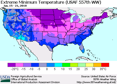 United States Minimum Daily Temperature (USAF 557th WW) Thematic Map For 1/15/2018 - 1/21/2018