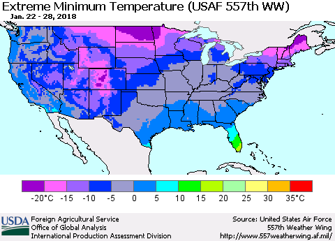 United States Minimum Daily Temperature (USAF 557th WW) Thematic Map For 1/22/2018 - 1/28/2018