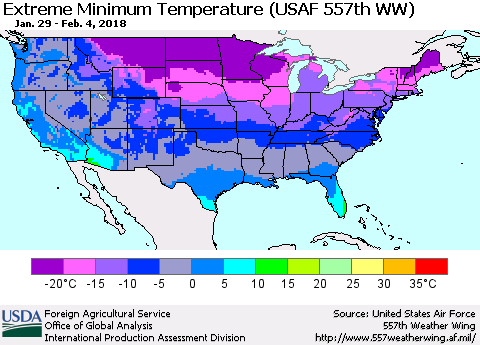 United States Minimum Daily Temperature (USAF 557th WW) Thematic Map For 1/29/2018 - 2/4/2018