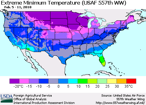 United States Minimum Daily Temperature (USAF 557th WW) Thematic Map For 2/5/2018 - 2/11/2018