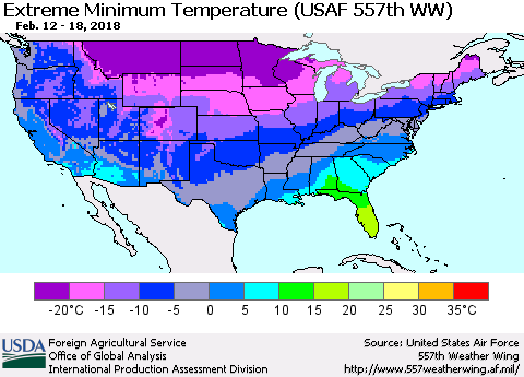 United States Minimum Daily Temperature (USAF 557th WW) Thematic Map For 2/12/2018 - 2/18/2018