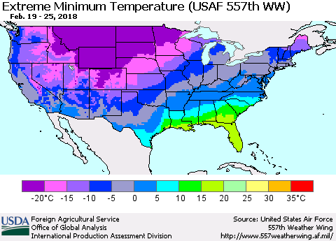 United States Minimum Daily Temperature (USAF 557th WW) Thematic Map For 2/19/2018 - 2/25/2018