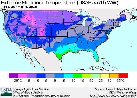 United States Minimum Daily Temperature (USAF 557th WW) Thematic Map For 2/26/2018 - 3/4/2018