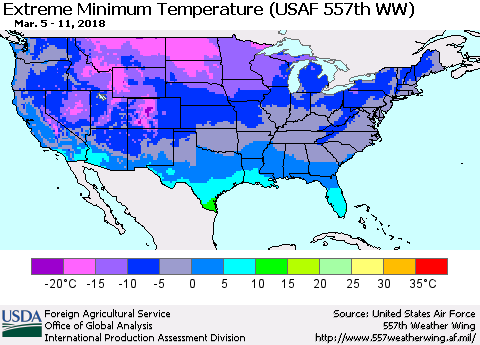 United States Minimum Daily Temperature (USAF 557th WW) Thematic Map For 3/5/2018 - 3/11/2018