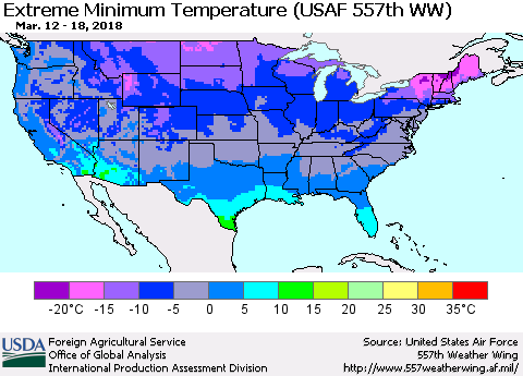 United States Minimum Daily Temperature (USAF 557th WW) Thematic Map For 3/12/2018 - 3/18/2018